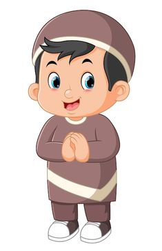 a cartoon boy wearing a hijab and standing with his hands folded in prayer