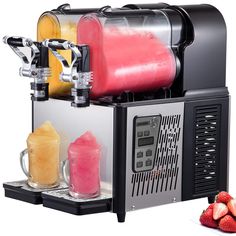 a machine that is filled with different types of juices and smoothies next to some strawberries