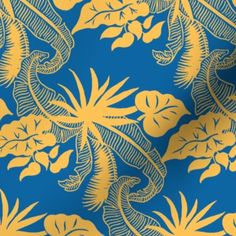 a blue and yellow background with flowers