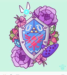 an image of a blue and purple shield with flowers on the front, surrounded by dices