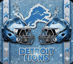 detroit lions football helmets on a blue background with stars and sparkles in the background