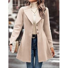 Season:Winter,Fall; Fabric:Polyester; Sleeve Length:Long Sleeve; Look After Me:Machine wash; Gender:Women's; Style:Stylish,Casual; Elasticity:Micro-elastic; Occasion:Daily Wear,Street,Outdoor; Outerwear Length:Regular; Placket:Single Breasted; Fit Type:Regular Fit; Function:Thermal Warm,Breathable; Pattern:Plain; Design:with Pockets; Neckline:Turndown; Outerwear Type:Winter Coat; Front page:FF; Listing Date:10/25/2024; Production mode:External procurement Fitted Solid Color Outerwear With Lapel Collar, Fitted Outerwear With Lapel Collar In Solid Color, Overcoats Women, Classy Winter Coat, Overcoat For Women, Winter Coat Fashion, Old Money Coquette, Dressing Chic, Cozy Weather