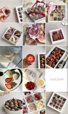 many different pictures of chocolates and strawberries