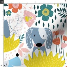 an animal themed wallpaper with flowers and leaves on it's side, including a dog