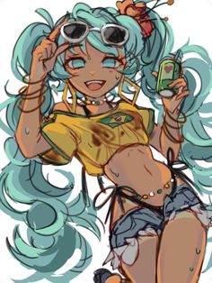 a drawing of a girl with blue hair and sunglasses holding a cell phone in her hand