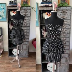 "<> Late 1980's early 90's dress <> Color: black with white polka dots  <> Nylon zipper back  <> Strapless <> Boned bodice <> Fitted shape with bubble peplum attached to the fitted skirt  <> Material: acetate <> Slightly longer in the back  <> Bow accent on the bodice <> Label: After Five  <> Condition: Excellent, with light to normal wear Measurements: Length: 29\" front 31\" back  Bust: 32\" Waist: 25\"-26\" MAX Hips: 36\"" 90s Dress, Fitted Skirt, White Polka Dot, Dress Clothes For Women, Bodice, Polka Dots, Colorful Dresses, Dress Outfits, Mini Dress