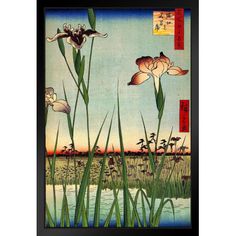 an image of irises in the grass by the water at sunset, with chinese writing on