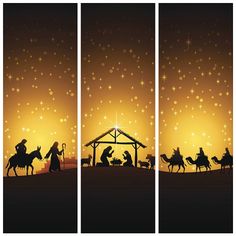 three christmas scenes with the birth of jesus and wise men in silhouette, against an orange background