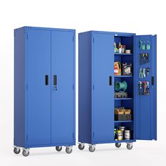 two blue storage cabinets with wheels on each side and one door open to the other