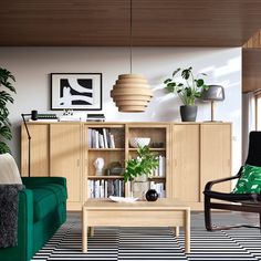 a living room filled with furniture and lots of greenery on top of it's shelves