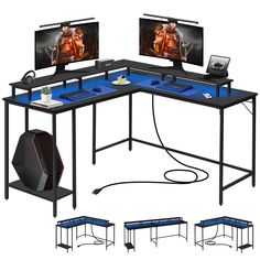 the computer desk has two monitors on it and is lit up with blue lighting underneath