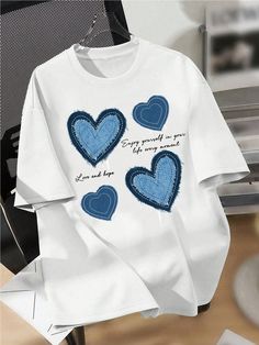 Plus Size Women Heart Graphic T-Shirt Casual Simple Crew Neck Short Sleeve Loose Pullover Tees For Summer, For Thanksgiving White Casual  Short Sleeve Knitted Fabric Geometric,Heart,Letter,Slogan  Slight Stretch  Women Plus Clothing, size features are:Bust: ,Length: ,Sleeve Length: Heart Letter, Geometric Heart, Heart Graphic, 자수 디자인, Loose Pullover, Heart Shirt, Tees For Women, Design Minimalista, Oversized Tee