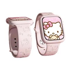 the hello kitty watch is pink and has an image of a cat on it