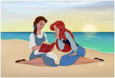 two disney princesses sitting on the beach reading