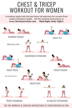 a woman is doing exercises on her stomach and chest with the words chest & tricep workout for women