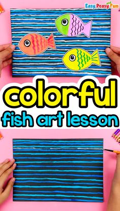 colorful fish art lesson for kids with hands on the paper and crayon markers