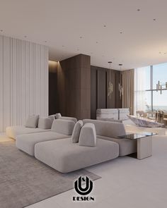 a modern living room with white furniture and large windows overlooking the ocean is featured in this image