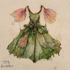 a drawing of a green dress with pink flowers on the shoulders and large leaves attached to it