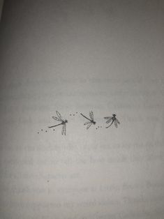 three dragonflies flying in opposite directions on a page with black ink and white paper