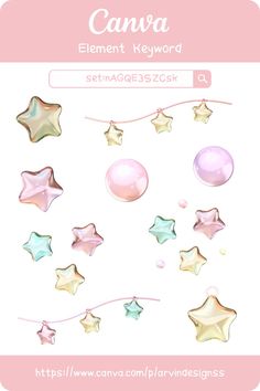 a pink and white background with stars, balls and beads on the bottom right corner