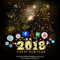 happy new year fireworks with social media icons