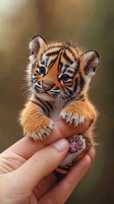 a small tiger cub sitting on top of someone's hand