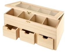 an empty wooden box with drawers on the bottom and two open compartments in each drawer