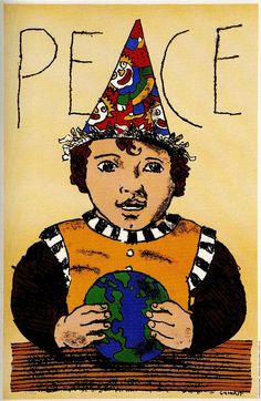 a drawing of a child wearing a party hat and holding a globe with the words peace on it