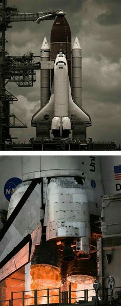 the space shuttle is on display in two different pictures, one showing it's back end