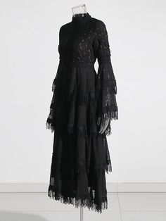 Stand collar flare sleeved lace tiered dress ts50147, click to shop now|free stable shipping world-wide! Creepy Dress, Witchy Outfits, Elegant Goth, Goth Things, Goth Princess, Bow Wallpaper, Tassel Dress, Goth Dress, Evening Attire