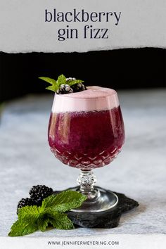 blackberry gin fizz in a goblet garnished with mint