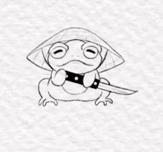 a drawing of a frog with a hat on it's head holding a knife