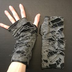 Bundle & Save On Shipping! Gray Mummy Gloves Mens Hand Covers Bandage Arm Covers Black Zombie Ripped Biker Great For Men Or Women! Handmade In The Usa By Me! Short Gray Holey/Ripped Short Fingerless Gloves. The Gray Shredded Material Is Layered Over A Soft Black Knit Material. Great For Cosplays, Halloween Costumes And Gothic/Alternative Outfits! I Also Make A Longer Version Of These, Matching Leg Warmers And These In A Cream White Color! Arm Warmers Are Great For Keeping You Warm Inside And Out Arm Warmers Outfit Men, Dystopian Fashion Men, Leg Warmers Outfit Men, Zombiecore Aesthetic Outfits, Emo Punk Outfits Men, Zombie Apocalypse Outfits Male, Diy Arm Warmers, Halloween Zombie Costumes, Leg Warmers Men