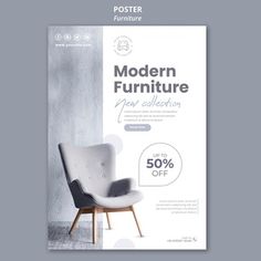 the modern furniture flyer is displayed on a wall with a chair in front of it