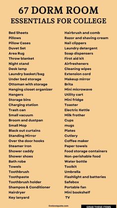 a poster with the words dorm room essentials for college and other things to do