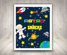 a poster that says, hope you had blast please to treat with an astronaut and stars on