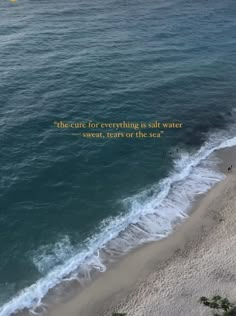 an aerial view of the ocean and beach with a quote written on it that reads, the cute for everything is salt water sweats tears or the sea?