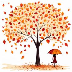 a woman holding an umbrella standing under a tree with leaves falling from it's branches