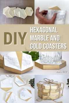 diy hexagonal marble and gold coasters with text overlay that reads, hexagonal marble and gold coasters