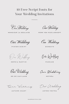 the top 10 free script font styles for your wedding party or special event, including calligraphy