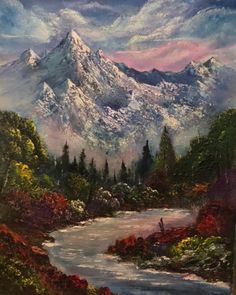 a painting of a mountain with trees and flowers in the foreground is a river running through it