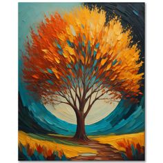 an abstract painting of a tree with orange leaves