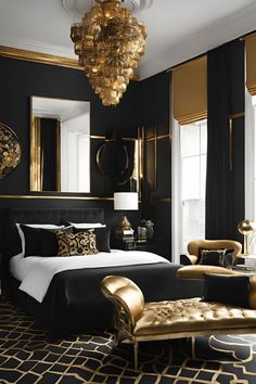 a bedroom with black walls and gold accents