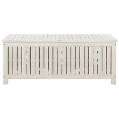 an outdoor storage box with wooden slats on the top and bottom, in white