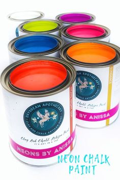 six cans of neon chalk paint sitting next to each other on a white background with the words neon chalk paint