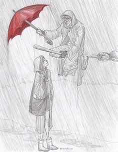 a drawing of two people holding an umbrella