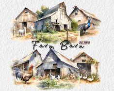 watercolor farm barn clipart set with chickens, roosters, and other animals