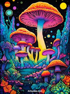 an image of colorful mushrooms in the forest