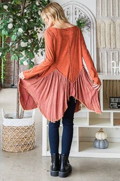 Discover the perfect balance of style and comfort with The Vikki Washed Mixed Fabric Tunic Top! Featuring a relaxed fit and a scooped neck, this top is designed to provide ultimate comfort while still looking fabulous. The mineral wash adds a unique touch, while the uneven raw hem makes for a fantastic layering piece. Elevate your wardrobe with this must-have tunic top! Relaxed Fit Mineral Wash Scooped Neck Uneven Raw Hem 100% Cotton CONT: 100% Rayon Womens Tunic Dress, Bohemian Style Clothing, Blue Kimono, Instagram Help, Exposed Seams, Twist Top, Boho Tunics, Cotton Bottoms, Kimono Jacket