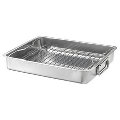 a stainless steel roasting pan with rack on the bottom and side, for cooking